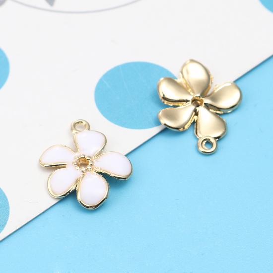 Picture of Zinc Based Alloy Charms Daisy Flower Gold Plated White Enamel 16mm x 16mm, 10 PCs