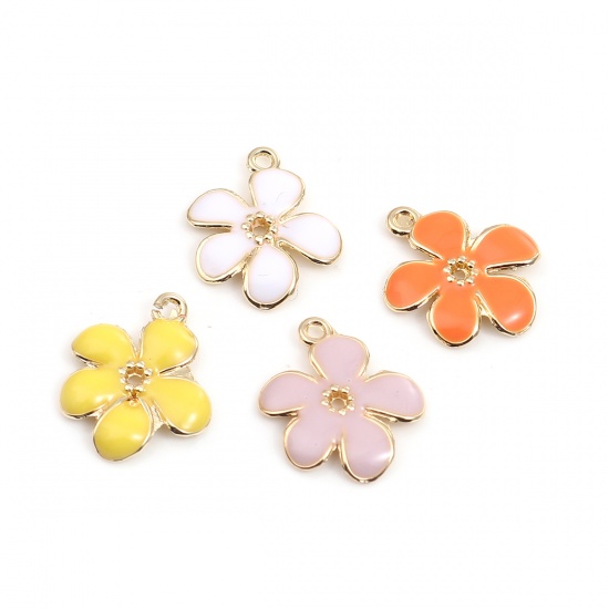 Picture of Zinc Based Alloy Charms Daisy Flower Gold Plated White Enamel 16mm x 16mm, 10 PCs