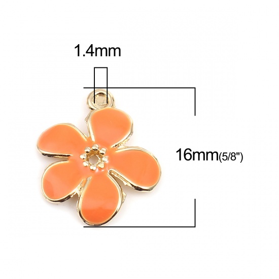 Picture of Zinc Based Alloy Charms Daisy Flower Gold Plated Orange Enamel 16mm x 16mm, 10 PCs