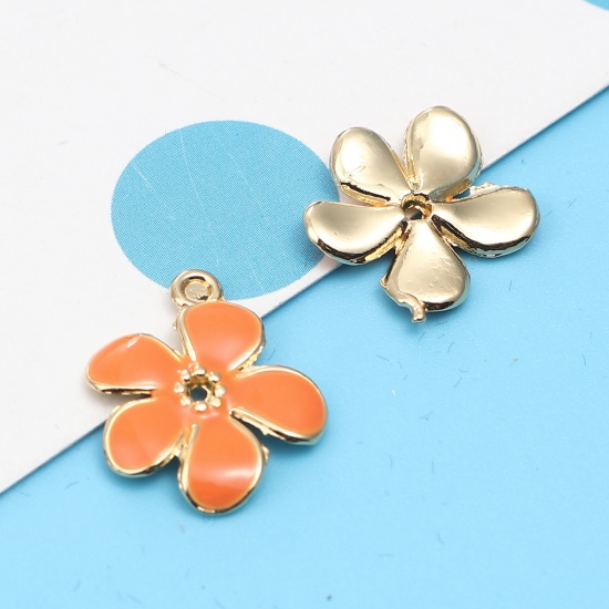 Picture of Zinc Based Alloy Charms Daisy Flower Gold Plated Orange Enamel 16mm x 16mm, 10 PCs