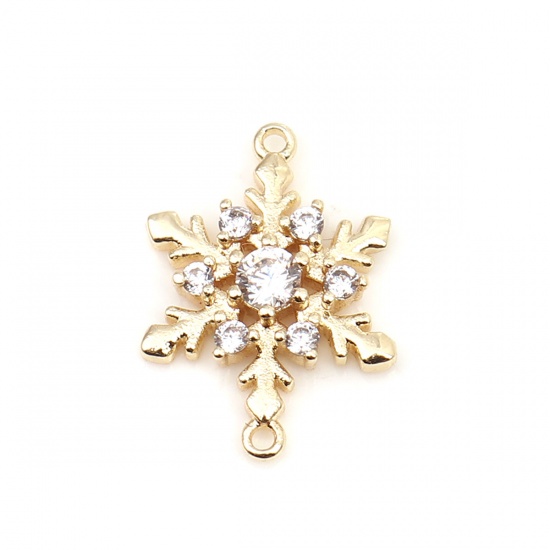 Picture of Brass Connectors Christmas Snowflake 18K Real Gold Plated Micro Pave Clear Rhinestone 17mm x 12mm, 50 PCs