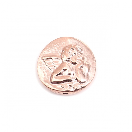 Picture of Zinc Based Alloy Religious Spacer Beads Flat Round Rose Gold Angel About 14mm Dia., Hole: Approx 1mm, 20 PCs