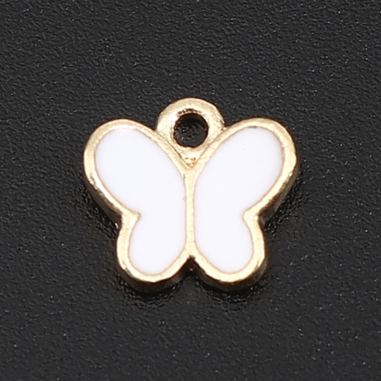 Picture of Zinc Based Alloy Insect Charms Butterfly Animal Gold Plated White Enamel 8mm x 8mm, 20 PCs