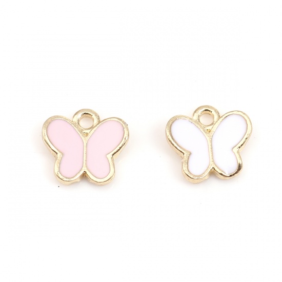 Picture of Zinc Based Alloy Insect Charms Butterfly Animal Gold Plated White Enamel 8mm x 8mm, 20 PCs