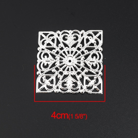 Picture of Iron Based Alloy Filigree Stamping Dome Seals Cabochon Square Silver Plated Heart 40mm x 40mm, 30 PCs