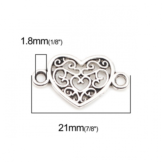 Picture of Zinc Based Alloy Valentine's Day Connectors Heart Antique Silver Color Filigree 21mm x 12mm, 100 PCs