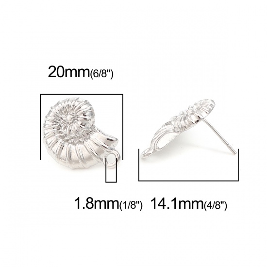 Immagine di Lega di Zinco Orecchini a Perno Tappi di Orecchini Conchiglia Tono Argento W/ Loop 20mm x 15mm, Diametro Filo: (20 misura), 2 Paia