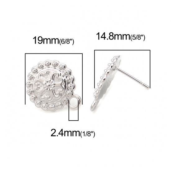 Immagine di Lega di Zinco Orecchini a Perno Tappi di Orecchini Tondo Tono Argento Fiore Disegno W/ Loop 19mm x 16mm, Diametro Filo: (20 misura), 2 Paia