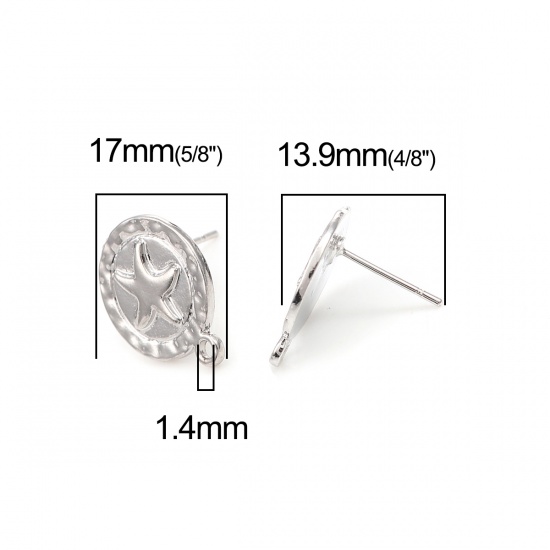 Immagine di Lega di Zinco Gioielli Oceanici Orecchini a Perno Tappi di Orecchini Tondo Tono Argento Stella Marina Disegno W/ Loop 17mm x 15mm, Diametro Filo: (20 misura), 2 Paia