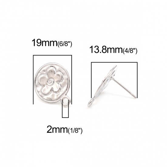 Immagine di Lega di Zinco Orecchini a Perno Tappi di Orecchini Tondo Tono Argento Fiore Disegno W/ Loop 19mm x 16mm, Diametro Filo: (20 misura), 2 Paia