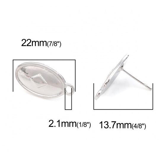 Immagine di Lega di Zinco Orecchini a Perno Tappi di Orecchini Ovale Tono Argento Rombo Disegno W/ Loop 22mm x 11mm, Diametro Filo: (20 misura), 2 Paia