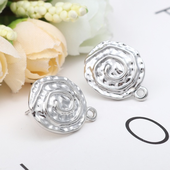 Picture of Zinc Based Alloy Ear Post Stud Earrings Findings Conch/ Sea Snail Silver Tone W/ Loop 21mm x 17mm, Post/ Wire Size: (20 gauge), 4 PCs