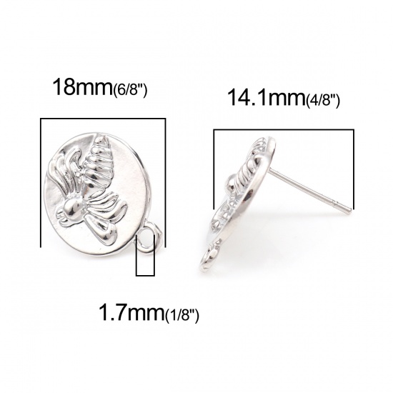 Immagine di Lega di Zinco Insetto Orecchini a Perno Tappi di Orecchini Tondo Tono Argento Ape Disegno W/ Loop 18mm x 15mm, Diametro Filo: (20 misura), 4 Pz