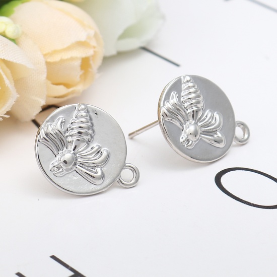 Picture of Zinc Based Alloy Insect Ear Post Stud Earrings Findings Round Silver Tone Bee W/ Loop 18mm x 15mm, Post/ Wire Size: (20 gauge), 4 PCs