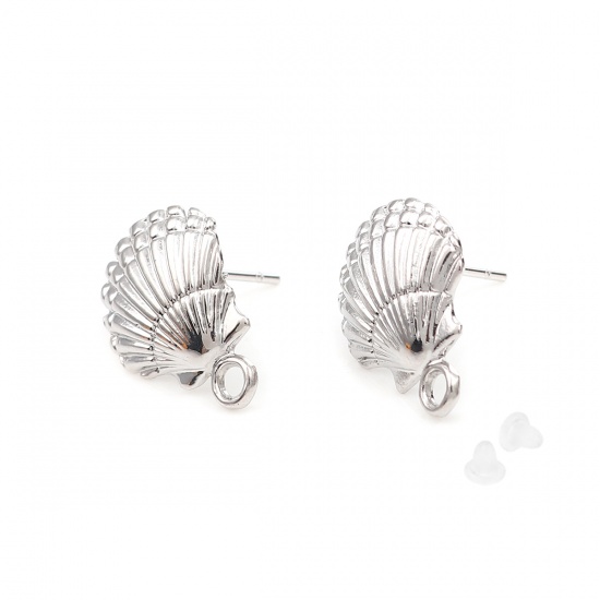 Picture of Zinc Based Alloy Ear Post Stud Earrings Findings Scallop Silver Tone W/ Loop 17mm x 14mm, Post/ Wire Size: (20 gauge), 4 PCs