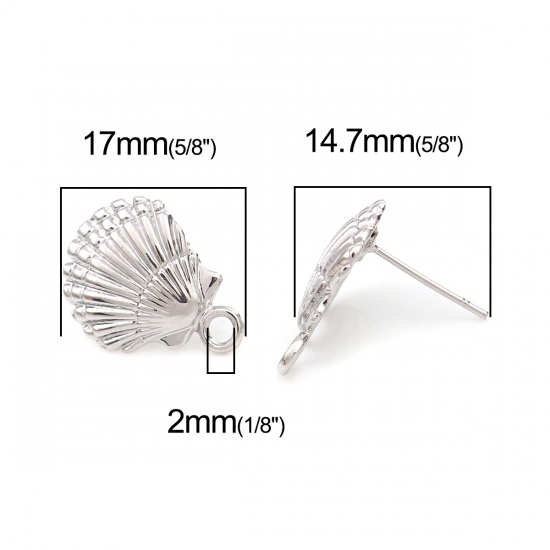 Picture of Zinc Based Alloy Ear Post Stud Earrings Findings Scallop Silver Tone W/ Loop 17mm x 14mm, Post/ Wire Size: (20 gauge), 4 PCs