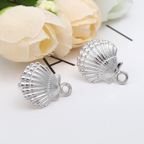 Picture of Zinc Based Alloy Ear Post Stud Earrings Findings Scallop Silver Tone W/ Loop 17mm x 14mm, Post/ Wire Size: (20 gauge), 4 PCs