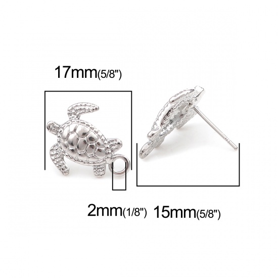 Picture of Zinc Based Alloy Ocean Jewelry Ear Post Stud Earrings Findings Sea Turtle Animal Silver Tone W/ Loop 17mm x 14mm, Post/ Wire Size: (20 gauge), 4 PCs