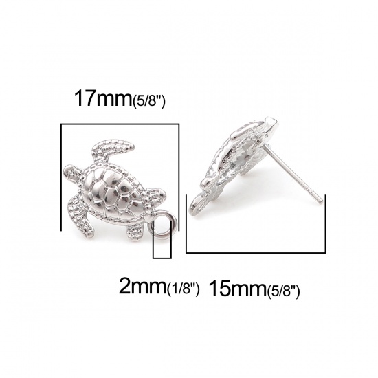 Immagine di Lega di Zinco Gioielli Oceanici Orecchini a Perno Tappi di Orecchini Tartaruga di Mare Tono Argento W/ Loop 17mm x 14mm, Diametro Filo: (20 misura), 4 Pz