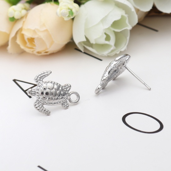 Picture of Zinc Based Alloy Ocean Jewelry Ear Post Stud Earrings Findings Sea Turtle Animal Silver Tone W/ Loop 17mm x 14mm, Post/ Wire Size: (20 gauge), 4 PCs