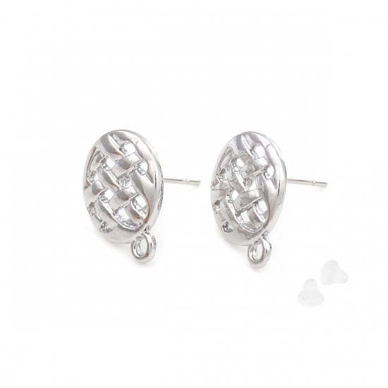 Picture of Zinc Based Alloy Ear Post Stud Earrings Findings Round Silver Tone W/ Loop 16mm x 13mm, Post/ Wire Size: (20 gauge), 4 PCs