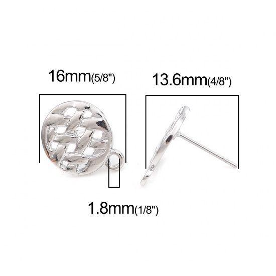 Picture of Zinc Based Alloy Ear Post Stud Earrings Findings Round Silver Tone W/ Loop 16mm x 13mm, Post/ Wire Size: (20 gauge), 4 PCs