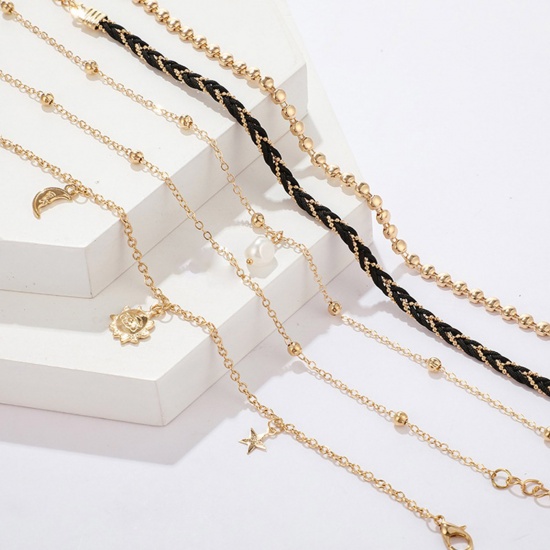 Picture of Anklet Gold Plated Black Flower Imitation Pearl 23cm(9") long - 21cm(8 2/8") long, 1 Set ( 5 PCs/Set)