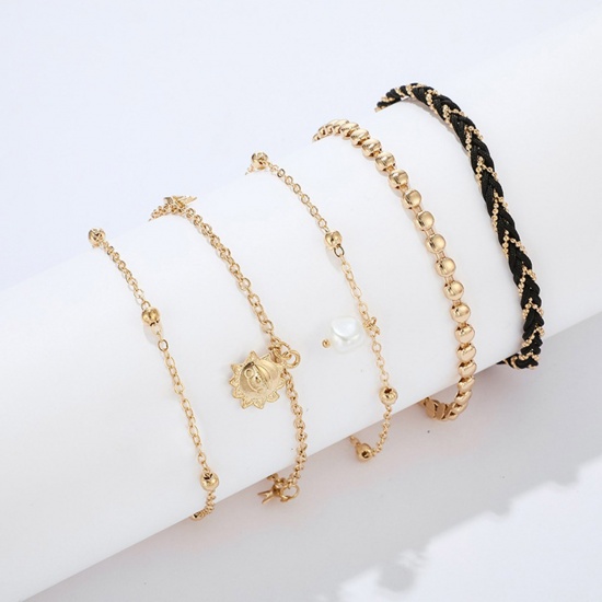 Picture of Anklet Gold Plated Black Flower Imitation Pearl 23cm(9") long - 21cm(8 2/8") long, 1 Set ( 5 PCs/Set)