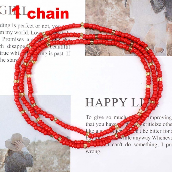 Picture of Boho Chic Bohemia Beaded Layered Body Waist Belly Chain Necklace Red Handmade 80cm(31 4/8") long, 1 Piece