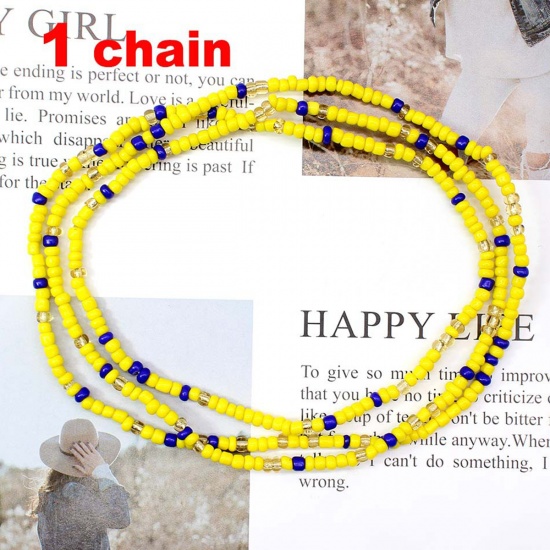 Picture of Boho Chic Bohemia Beaded Layered Body Waist Belly Chain Necklace Yellow & Blue Handmade 80cm(31 4/8") long, 1 Piece