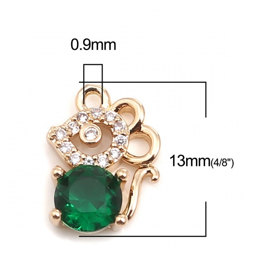 Picture of Zinc Based Alloy & Glass Micro Pave Charms Mouse Animal Gold Plated Clear & Green Rhinestone 13mm x 10mm, 5 PCs