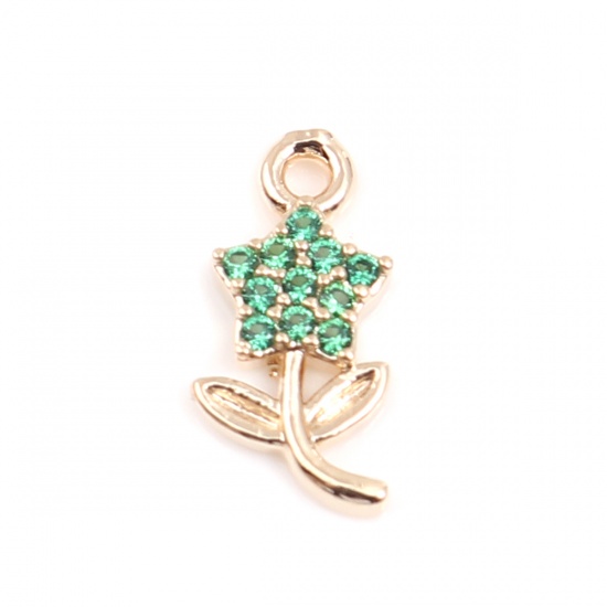 Picture of Zinc Based Alloy Micro Pave Charms Flower Leaves Gold Plated Green Rhinestone 13mm x 6mm, 5 PCs
