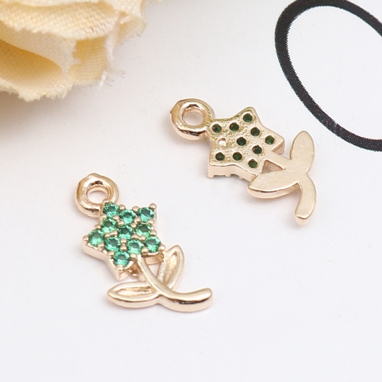 Picture of Zinc Based Alloy Micro Pave Charms Flower Leaves Gold Plated Green Rhinestone 13mm x 6mm, 5 PCs