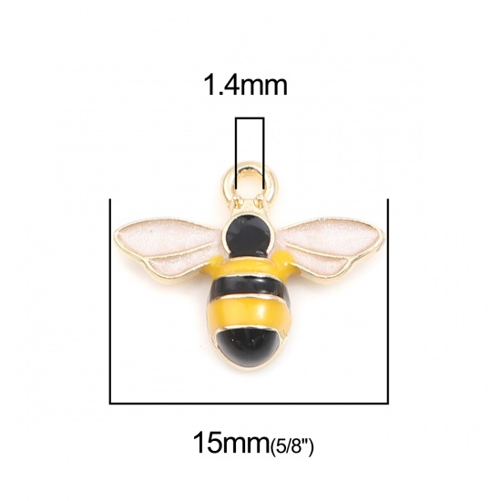 Bild von Zinklegierung Insekt Charms Biene Vergoldet Schwarz & Gelb Emaille 15mm x 12mm, 10 Stück