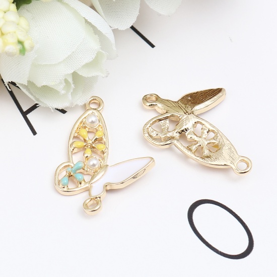 Picture of Zinc Based Alloy Insect Charms Butterfly Animal Gold Plated Multicolor Enamel 21mm x 21mm, 5 PCs