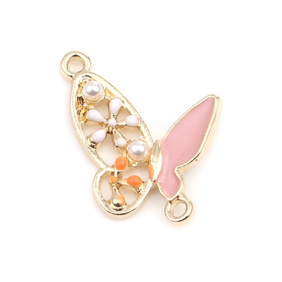 Picture of Zinc Based Alloy Insect Connectors Butterfly Animal Gold Plated Pink Enamel 21mm x 21mm, 5 PCs