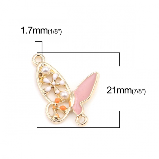 Picture of Zinc Based Alloy Insect Connectors Butterfly Animal Gold Plated Pink Enamel 21mm x 21mm, 5 PCs