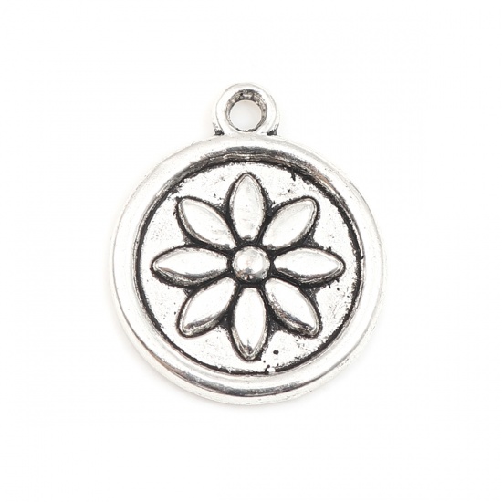 Picture of Zinc Based Alloy Charms Round Antique Silver Color Flower 19mm x 16mm, 50 PCs