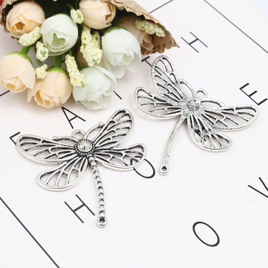 Picture of Zinc Based Alloy Insect Pendants Dragonfly Animal Antique Silver Color 62mm x 60mm, 5 PCs