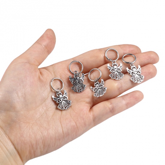 Picture of Zinc Based Alloy Knitting Stitch Markers Angel Antique Silver Color 33mm x 14mm, 10 PCs