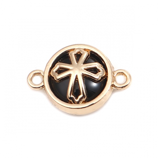 Picture of Zinc Based Alloy Religious Connectors Round Gold Plated Black Cross 20mm x 14mm, 10 PCs