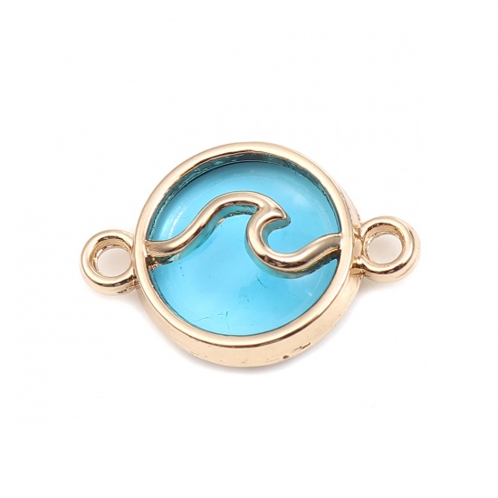 Picture of Zinc Based Alloy Religious Connectors Round Gold Plated Light Blue Wave 20mm x 14mm, 10 PCs