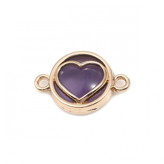 Picture of Zinc Based Alloy Valentine's Day Connectors Round Gold Plated Dark Purple Heart 20mm x 14mm, 10 PCs