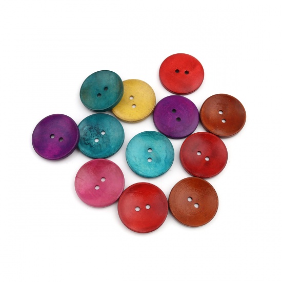 ウッド 縫製ボタン 2つ穴 円形 ランダムな色 35mm 直径、 50 個 の画像
