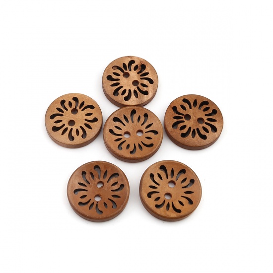 Picture of Wood Sewing Buttons Scrapbooking Two Holes Round Brown Filigree 23mm Dia., 50 PCs