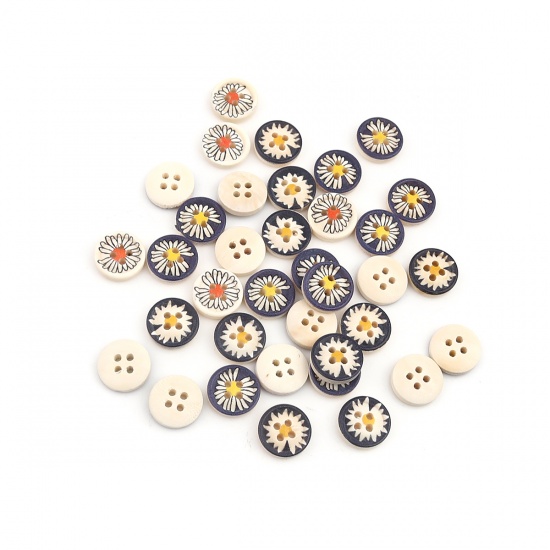 Picture of Wood Sewing Buttons Scrapbooking 4 Holes Round At Random Mixed Daisy Flower 13mm Dia., 200 PCs