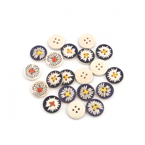 Picture of Wood Sewing Buttons Scrapbooking 4 Holes Round At Random Mixed Daisy Flower 18mm Dia., 100 PCs