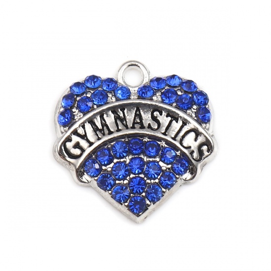 Picture of Zinc Based Alloy Charms Heart Silver Tone Black Message " GYMNASTICS " Blue Rhinestone 20mm x 20mm, 2 PCs