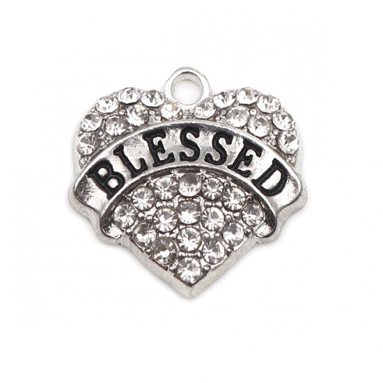 Picture of Zinc Based Alloy Charms Heart Silver Tone Black Message " Blessed " Clear Rhinestone 20mm x 20mm, 2 PCs