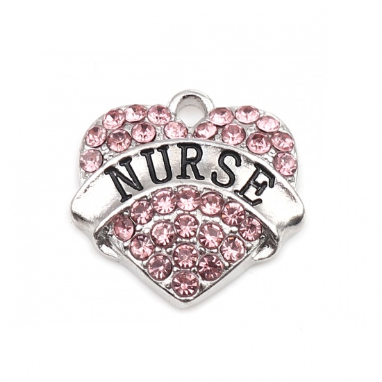 Picture of Zinc Based Alloy Charms Heart Silver Tone Black Message " Nurse " Pink Rhinestone 20mm x 20mm, 2 PCs